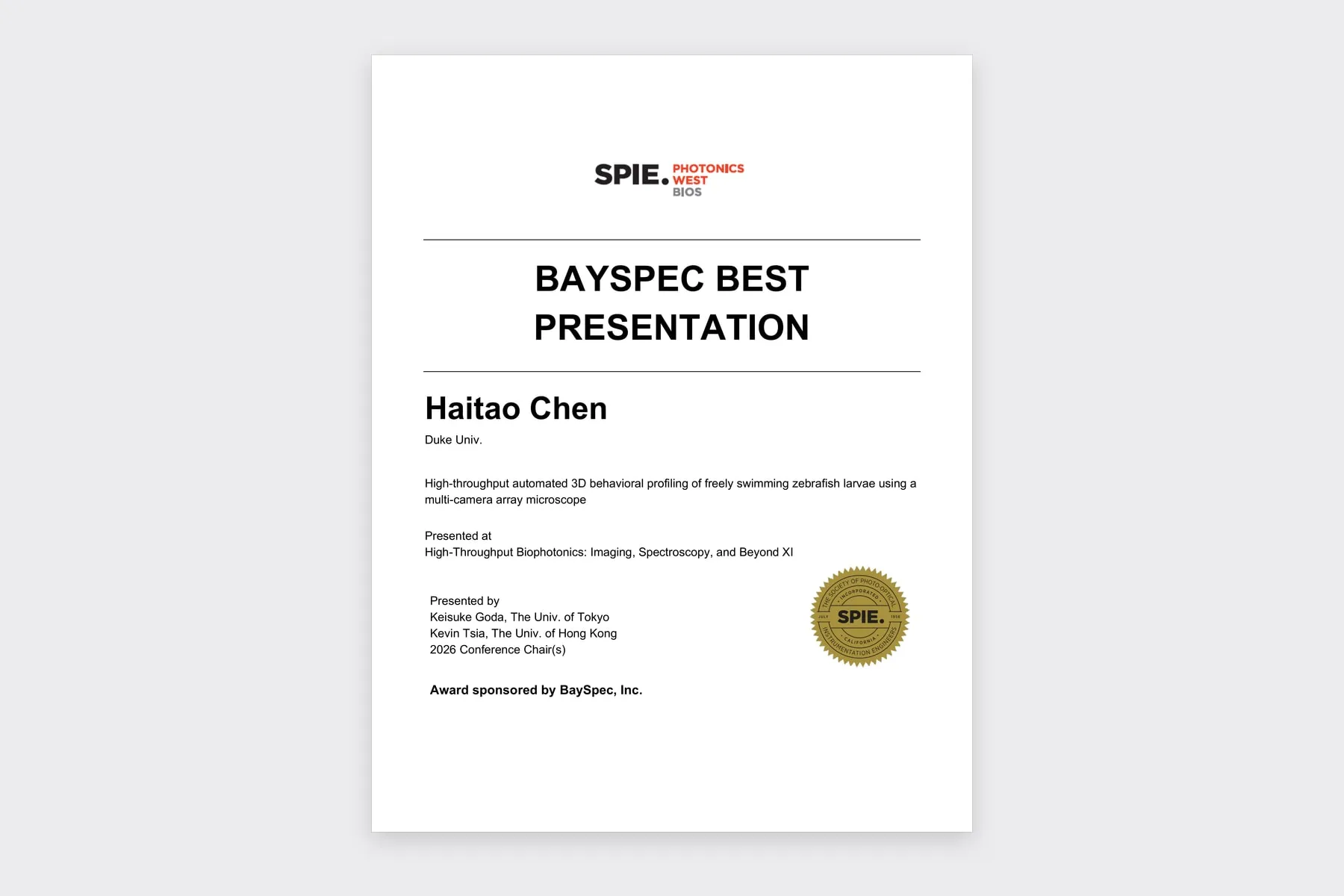 The full award certificate