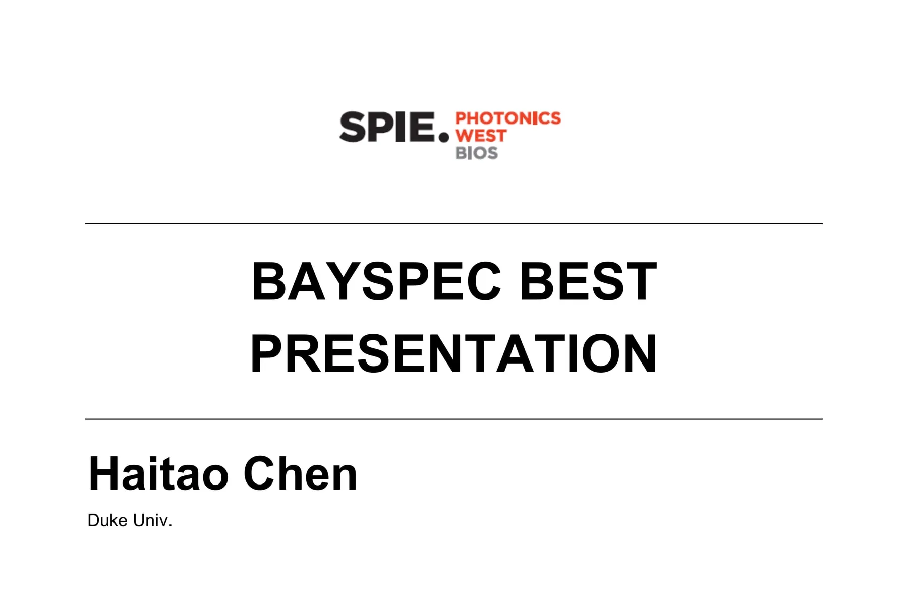 BaySpec Best Presentation award certificate from SPIE Photonics West 2026 BiOS